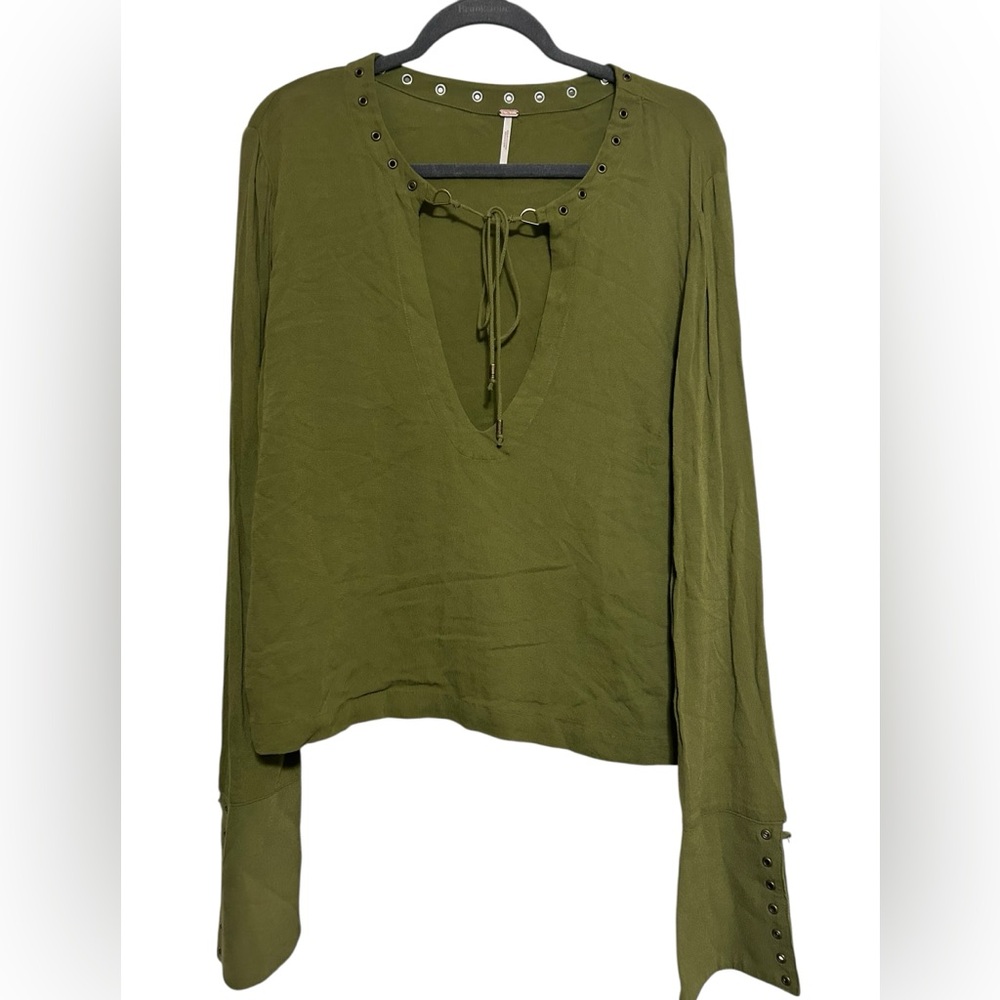 Free People "Jump To The Beat" Studded Boho Blouse - Olive Green Size Large